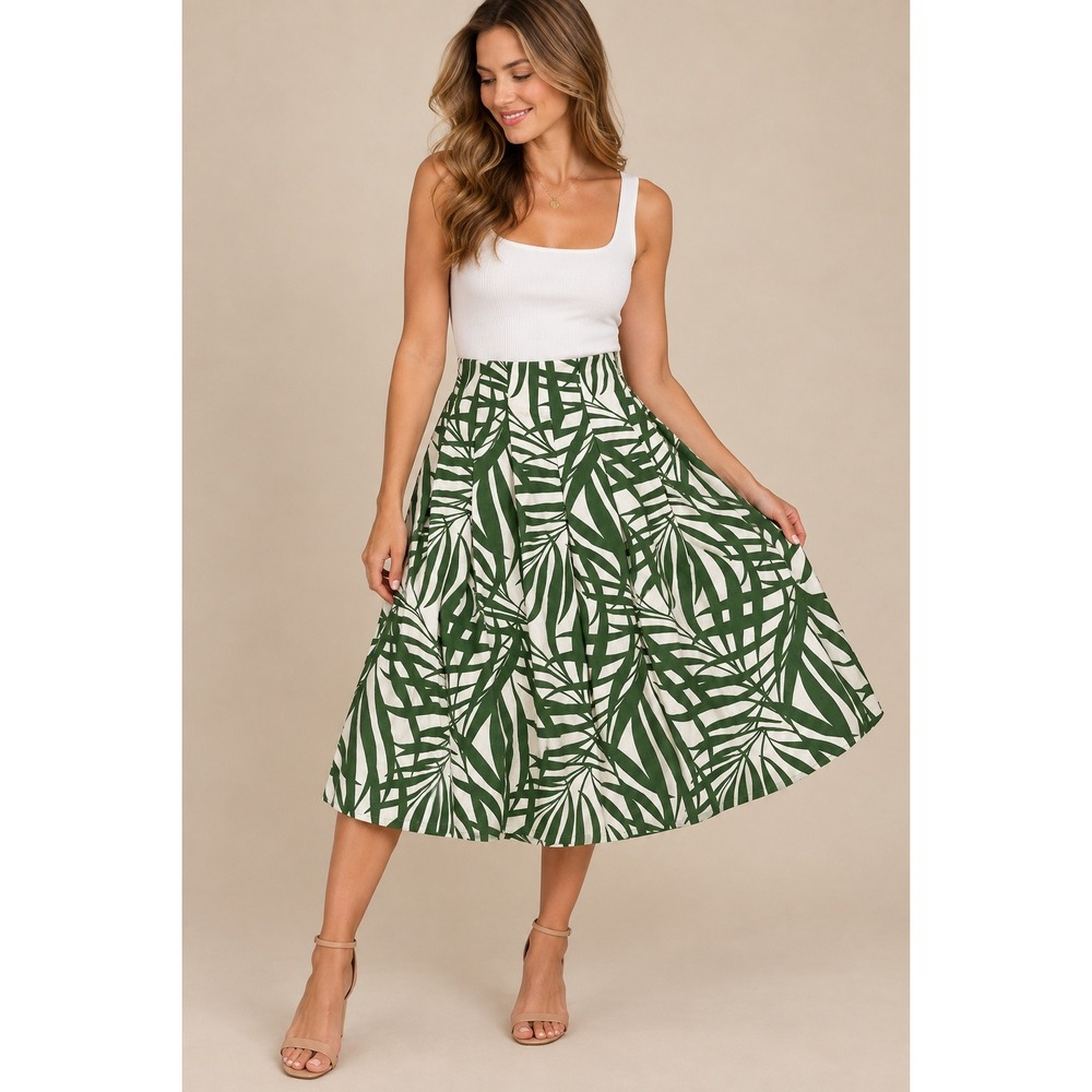 Kate Spade Women Skirt 2 Green White Palm Leaf Pleated Midi K9554